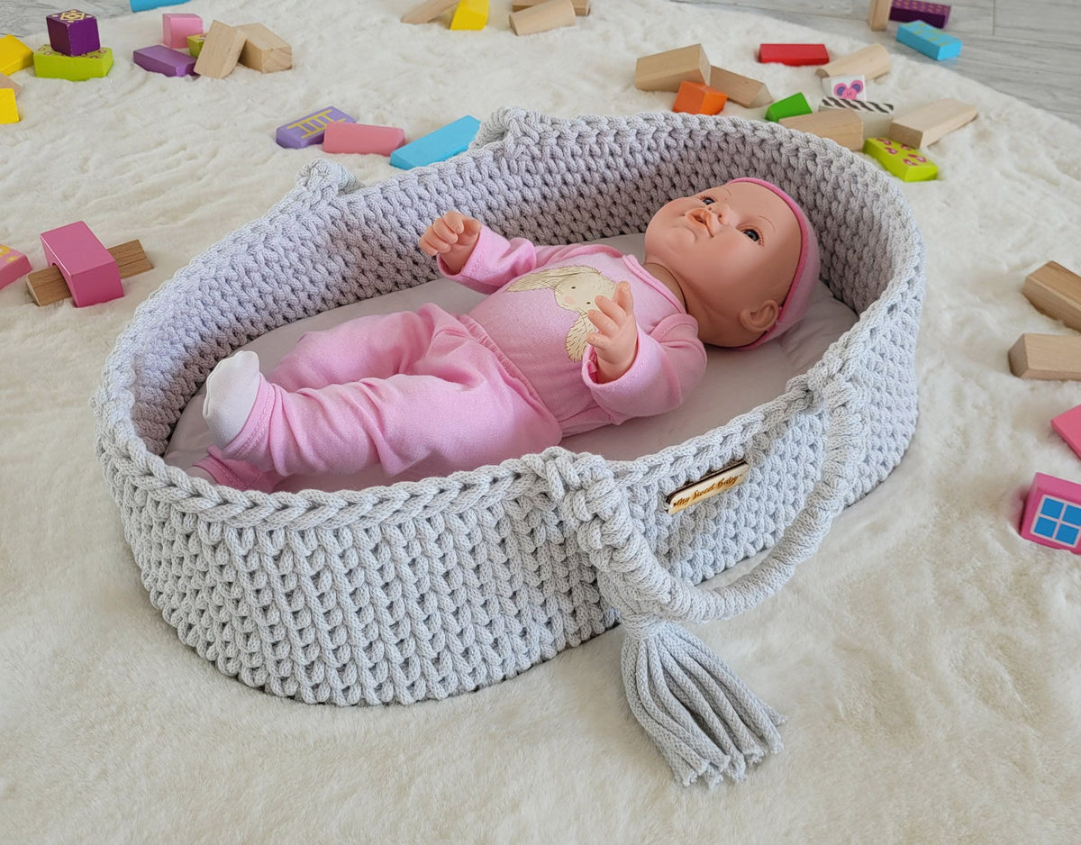 Moses basket BOHO cotton doll carrier with cradle - light grey