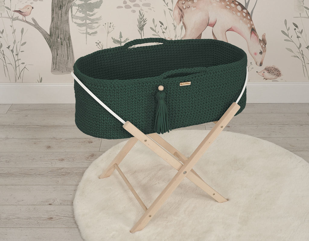 Moses basket BOHO Handmade with stand - bottle green