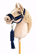 Set for Hobby Horse: the halter A3 with black furry + Tether made of cord - black-navy blue