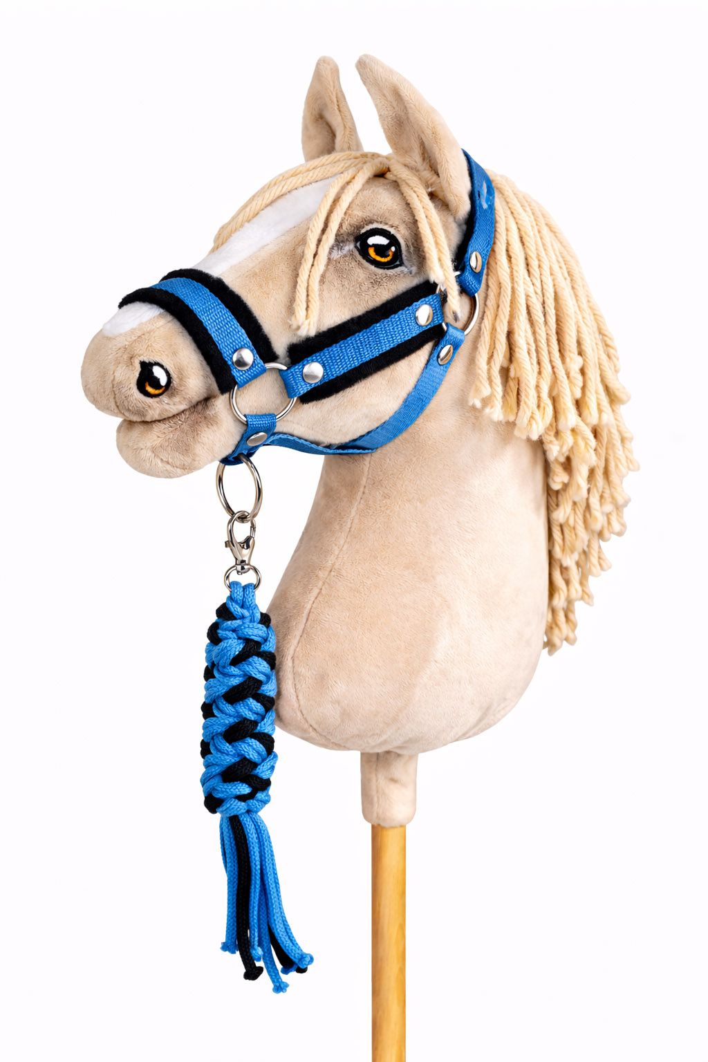 Set for Hobby Horse: the halter A3 with black furry + Tether made of cord - black-turquoise