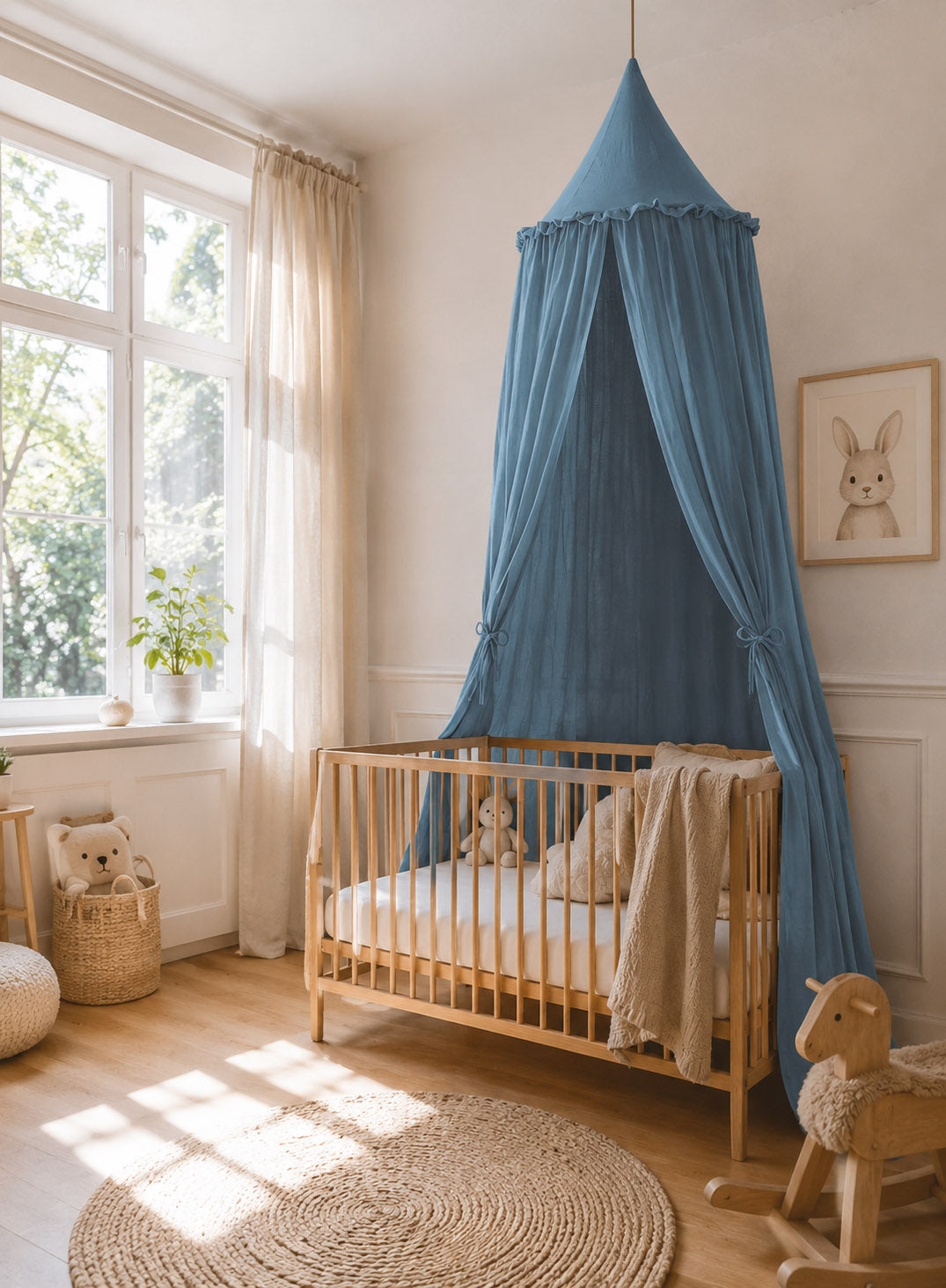 Muslin hanging canopy with frill - pastel blue