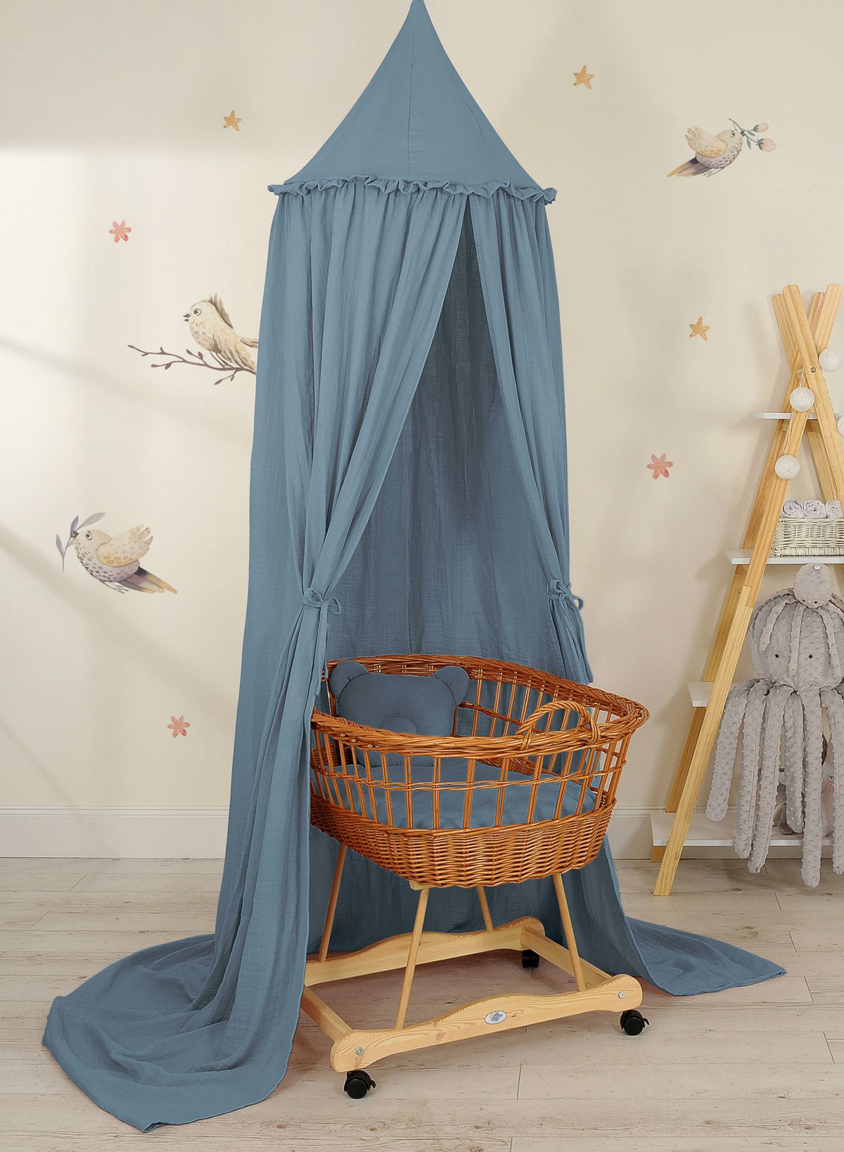 Muslin hanging canopy with frill - pastel blue