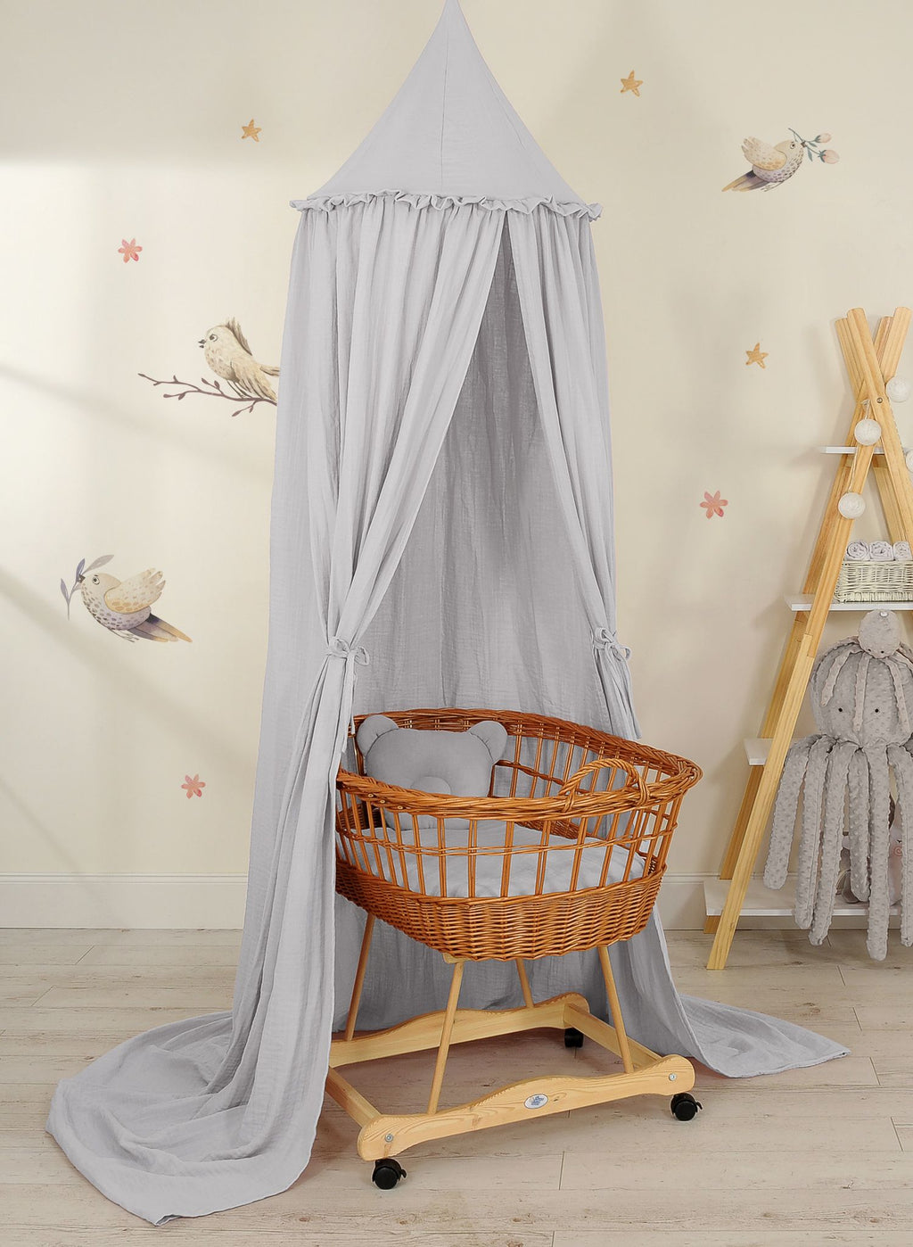 Muslin hanging canopy with frill - grey