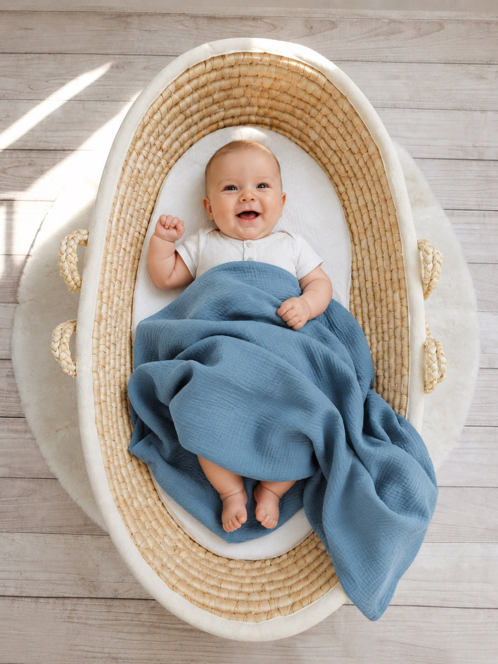Muslin blanket for kids with tassels - pastel blue