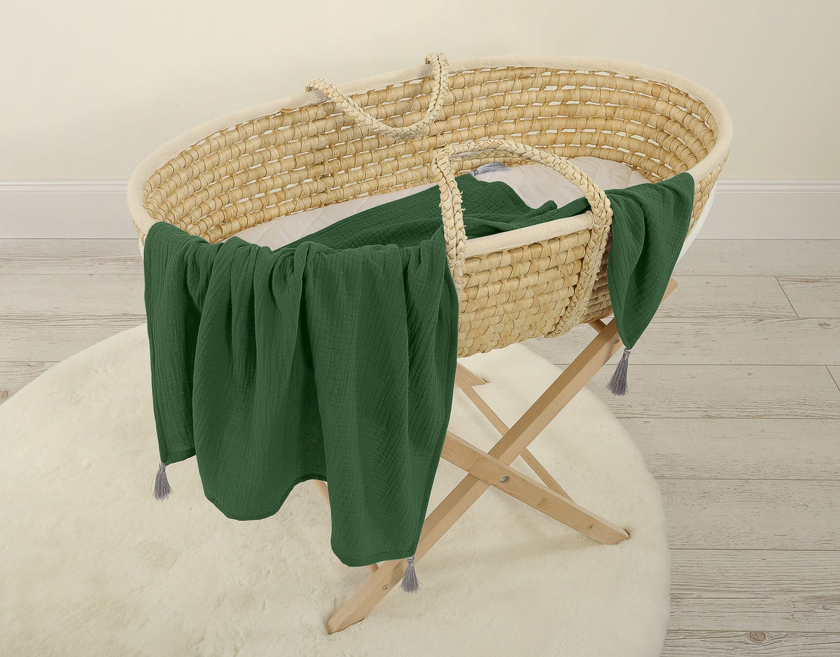 Muslin blanket for kids with tassels - forest green