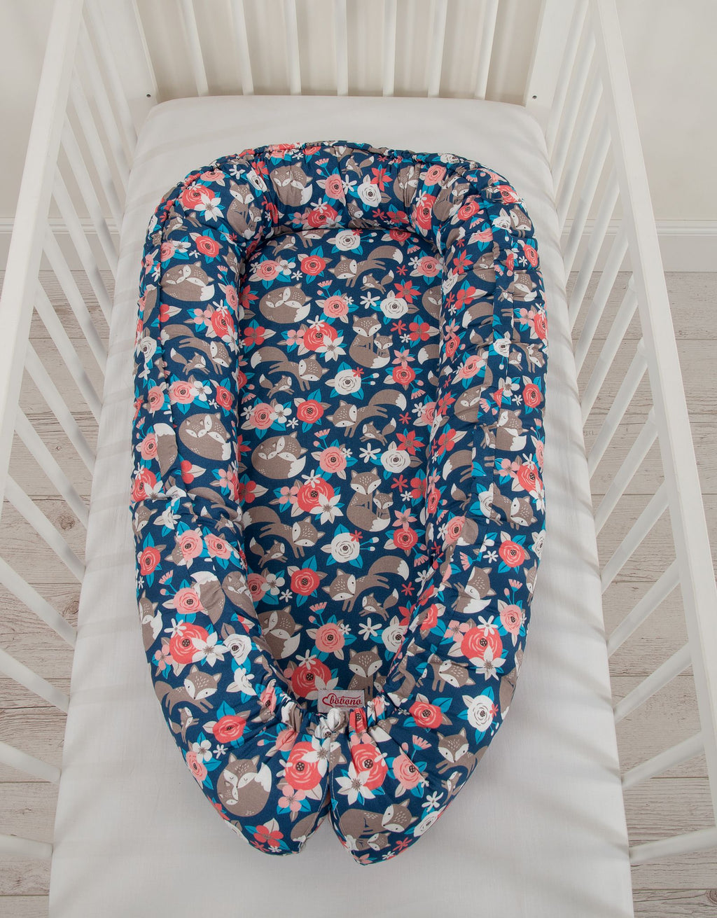Baby nest double-sided Premium Cocoon for infants BOBONO- fox family on blue