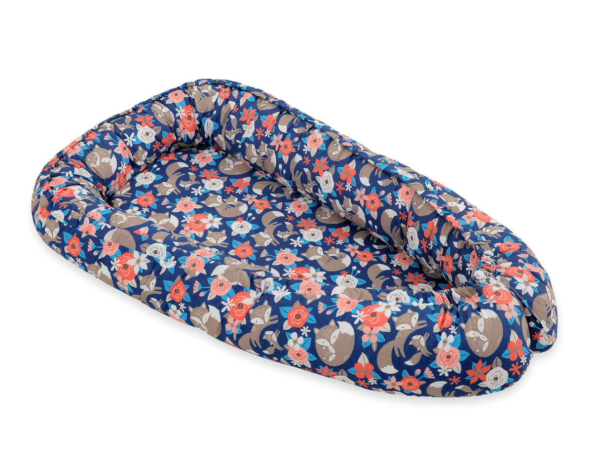 Baby nest double-sided Premium Cocoon for infants BOBONO- fox family on blue