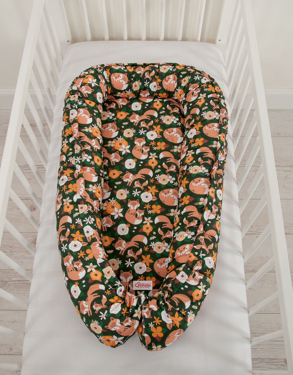 Baby nest double-sided Premium Cocoon for infants BOBONO- fox family on the green