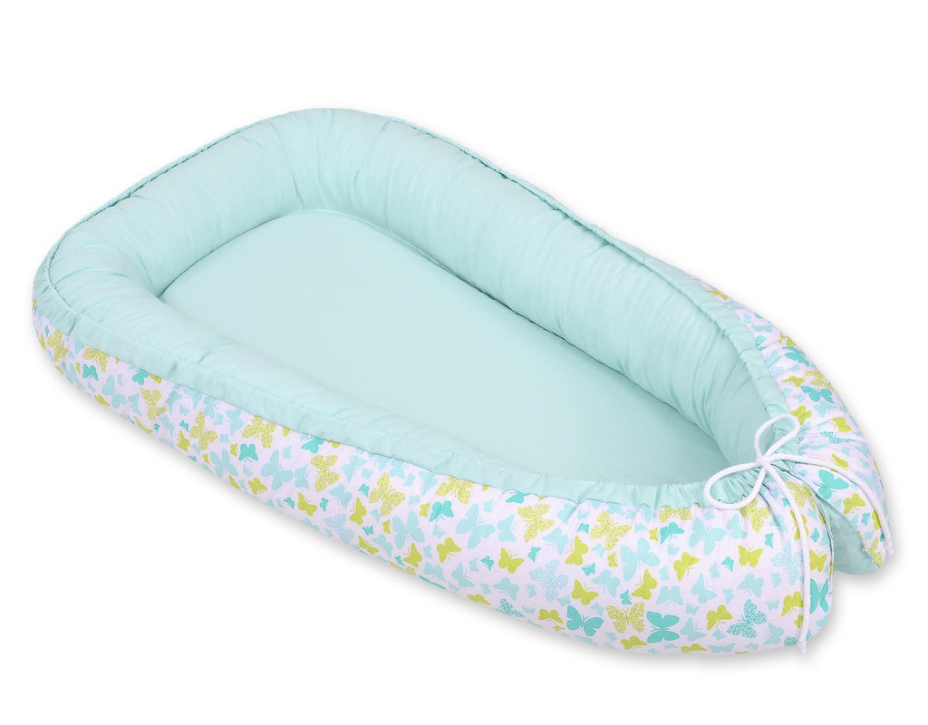 Baby nest double-sided Premium Cocoon for infants BOBONO- blue butterflies/mint