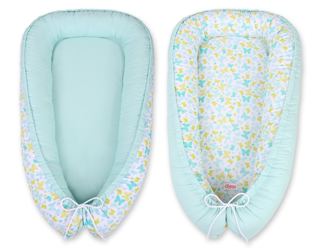 Baby nest double-sided Premium Cocoon for infants BOBONO- blue butterflies/mint