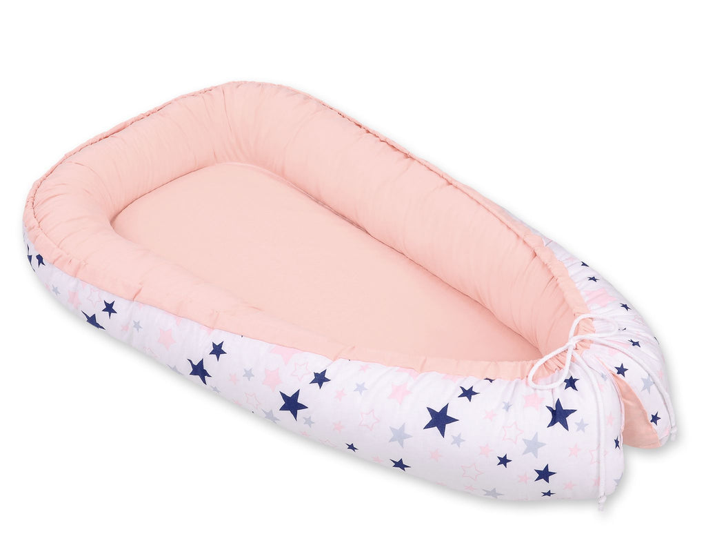 Baby nest double-sided Premium Cocoon for infants BOBONO- navy blue stars/powder pink