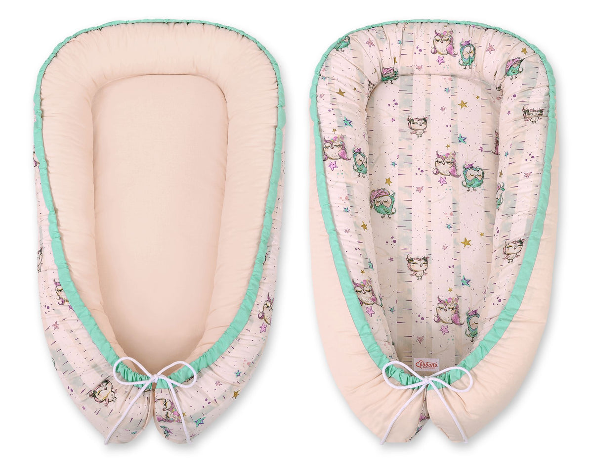 Baby nest double-sided Premium Cocoon for infants BOBONO- owls cream/powder pink