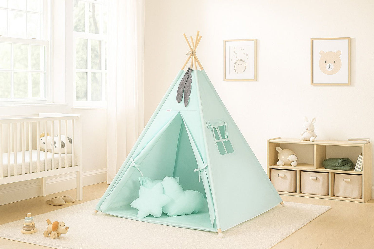 Teepee tent for kids + decorative feathers - mint
