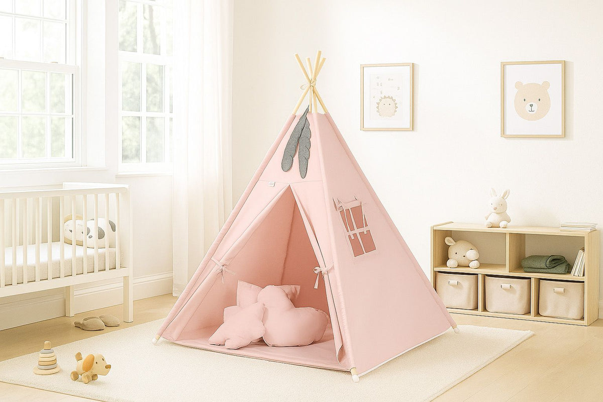 Teepee tent for kids + playmat + pillows + decorative feathers - pastel pink