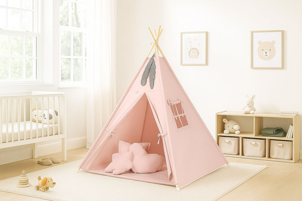 Teepee tent for kids +play mat + decorative feathers - pastel pink