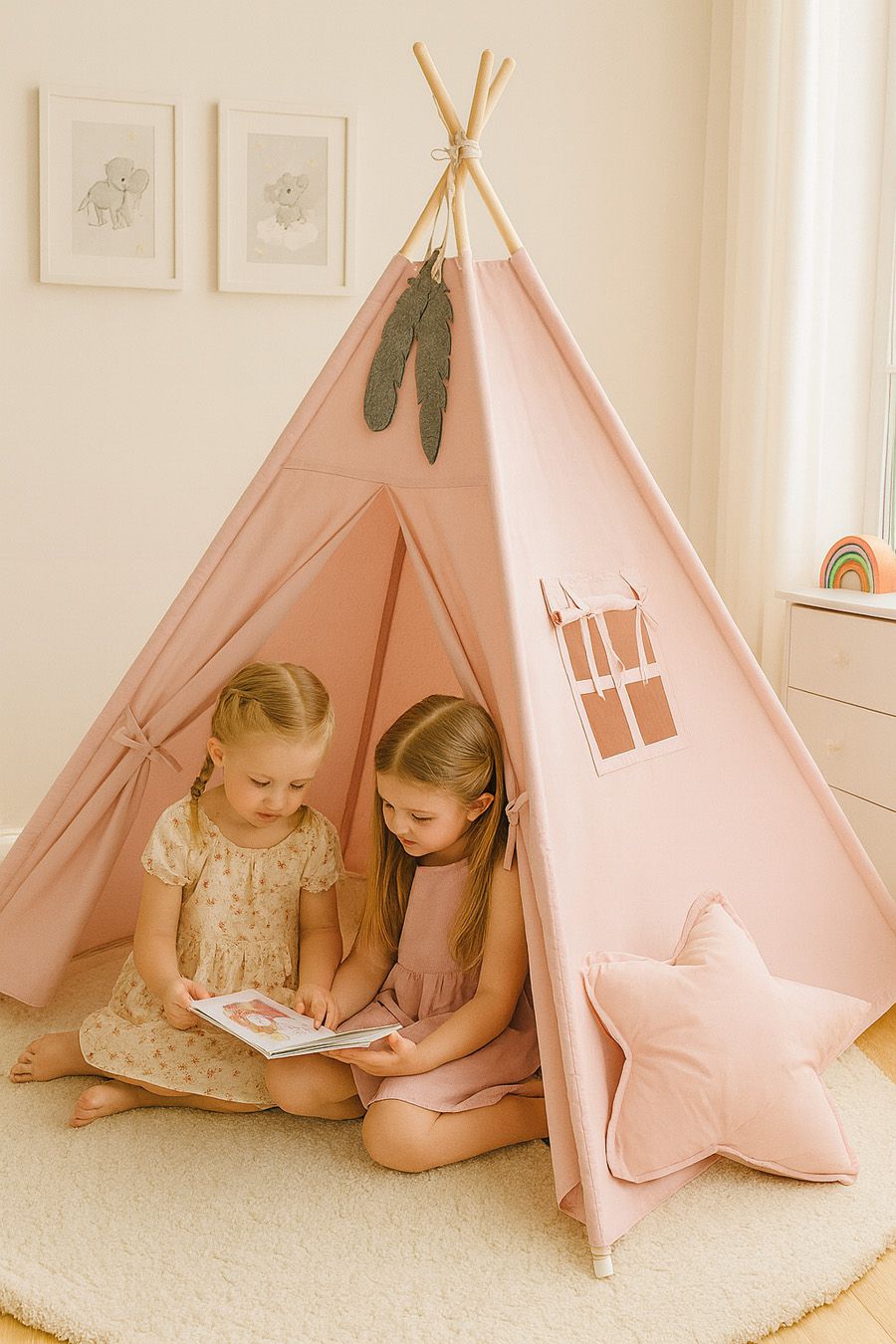 Teepee tent for kids + playmat + pillows + decorative feathers - pastel pink