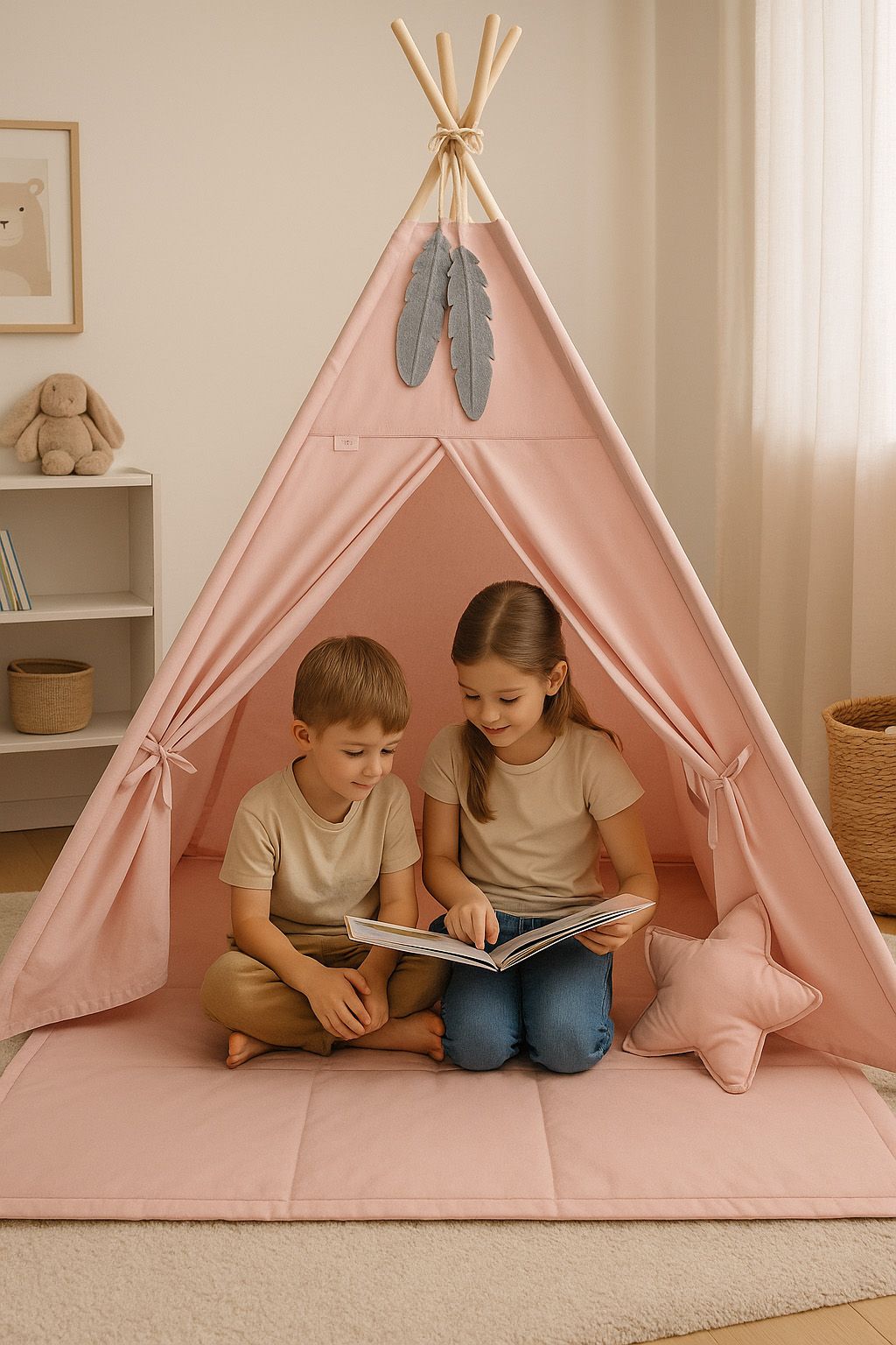 Teepee tent for kids +play mat + decorative feathers - pastel pink