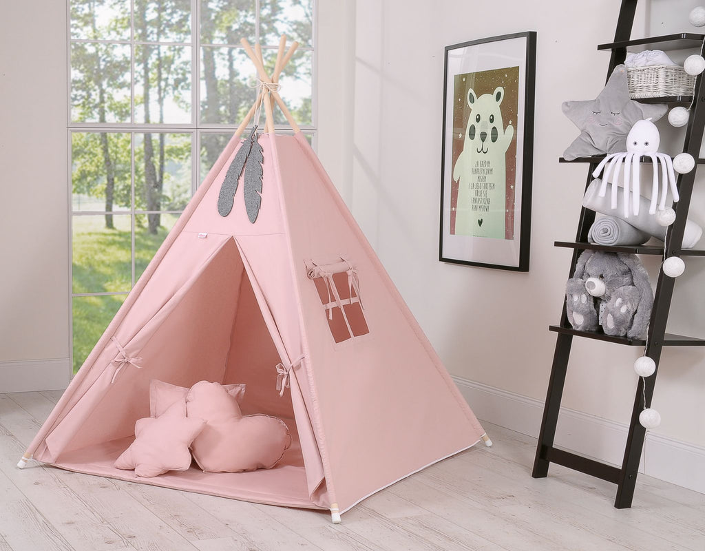 Teepee tent for kids +play mat + decorative feathers - pastel pink