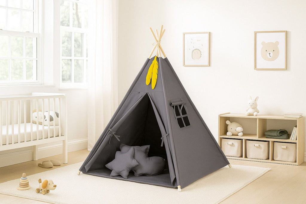 Teepee tent for kids + decorative feathers - anthracite