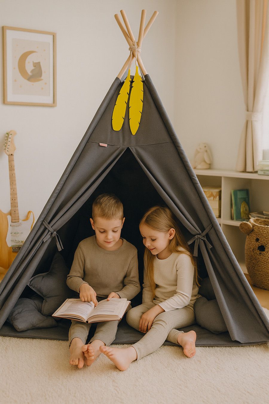 Teepee tent for kids + decorative feathers - anthracite
