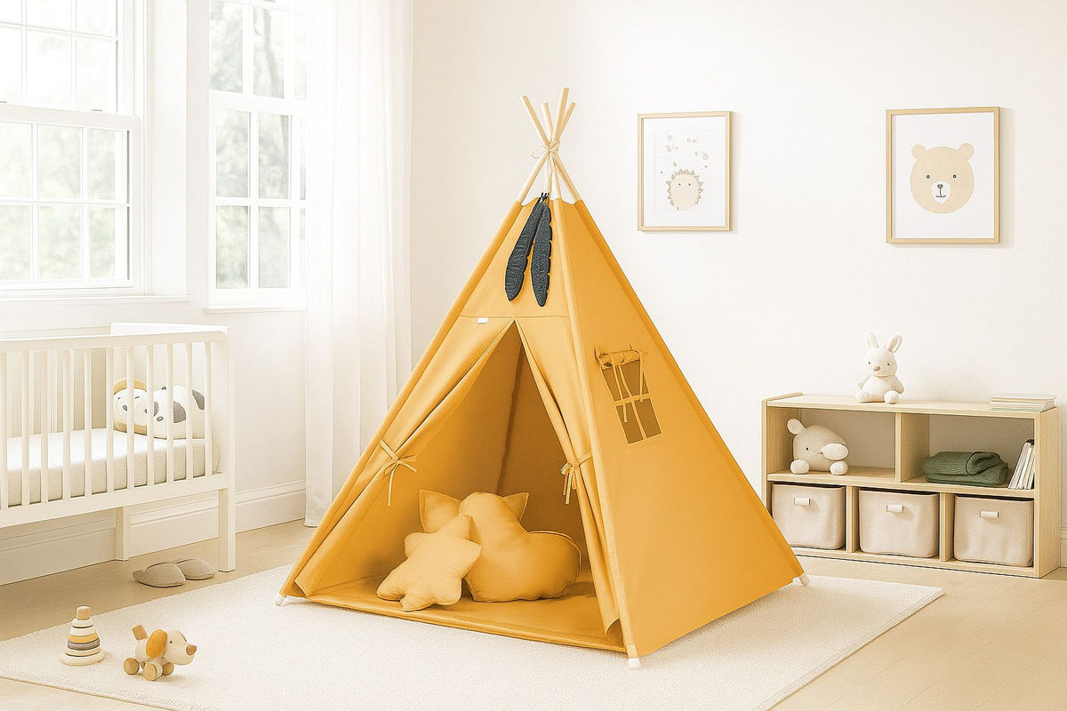 Teepee tent for kids +play mat + decorative feathers - honey yellow