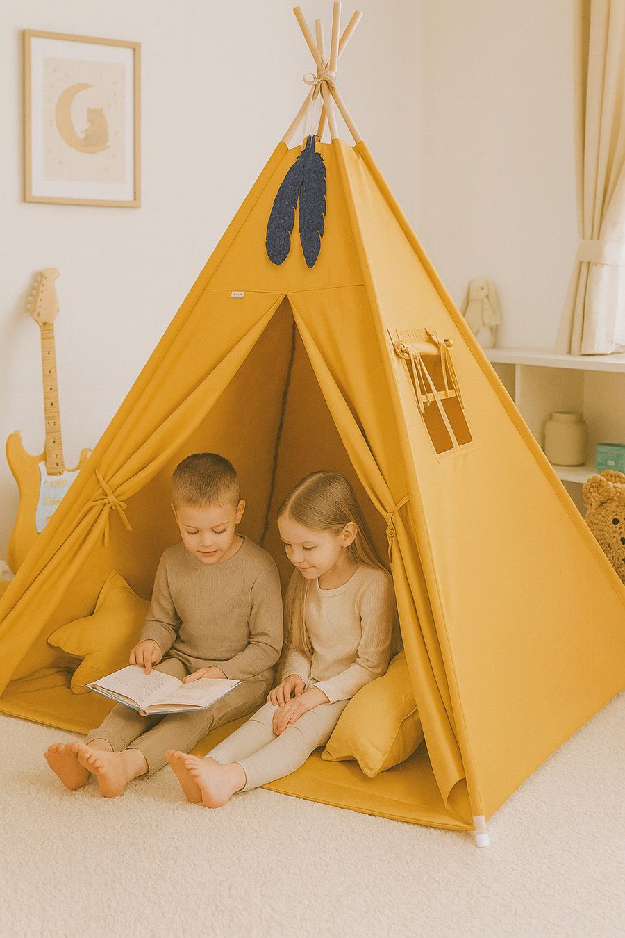 Teepee tent for kids + playmat + pillows + decorative feathers - honey yellow