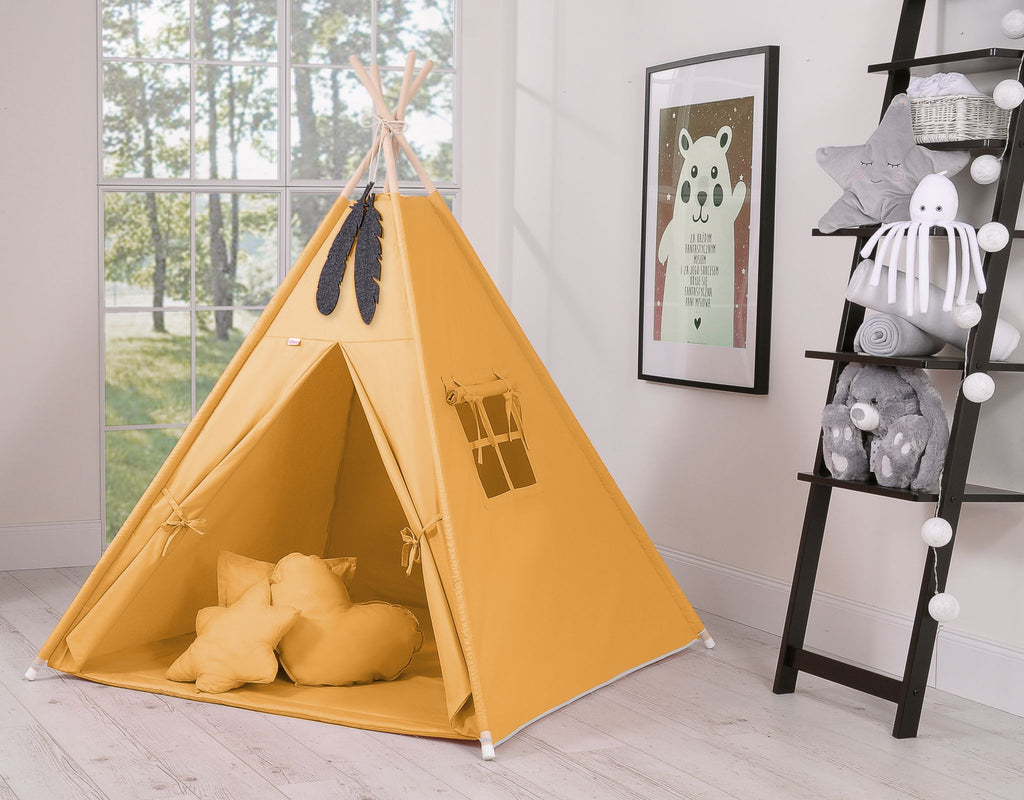 Teepee tent for kids + playmat + pillows + decorative feathers - honey yellow