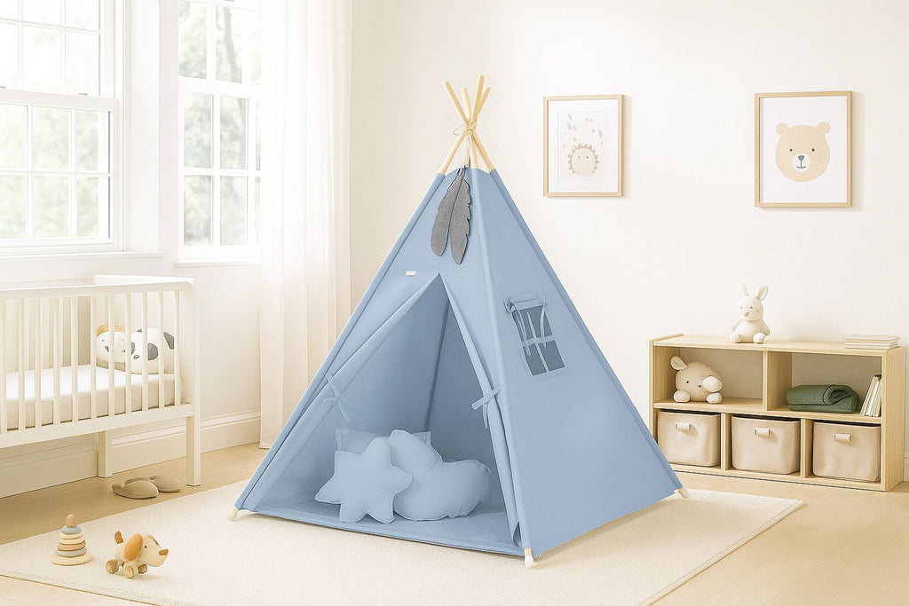 Teepee tent for kids + decorative feathers - pastel blue