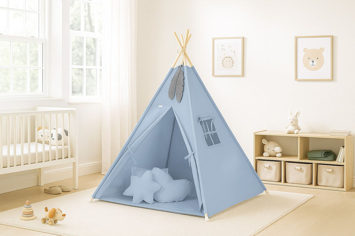 Teepee tent for kids + decorative feathers - pastel blue