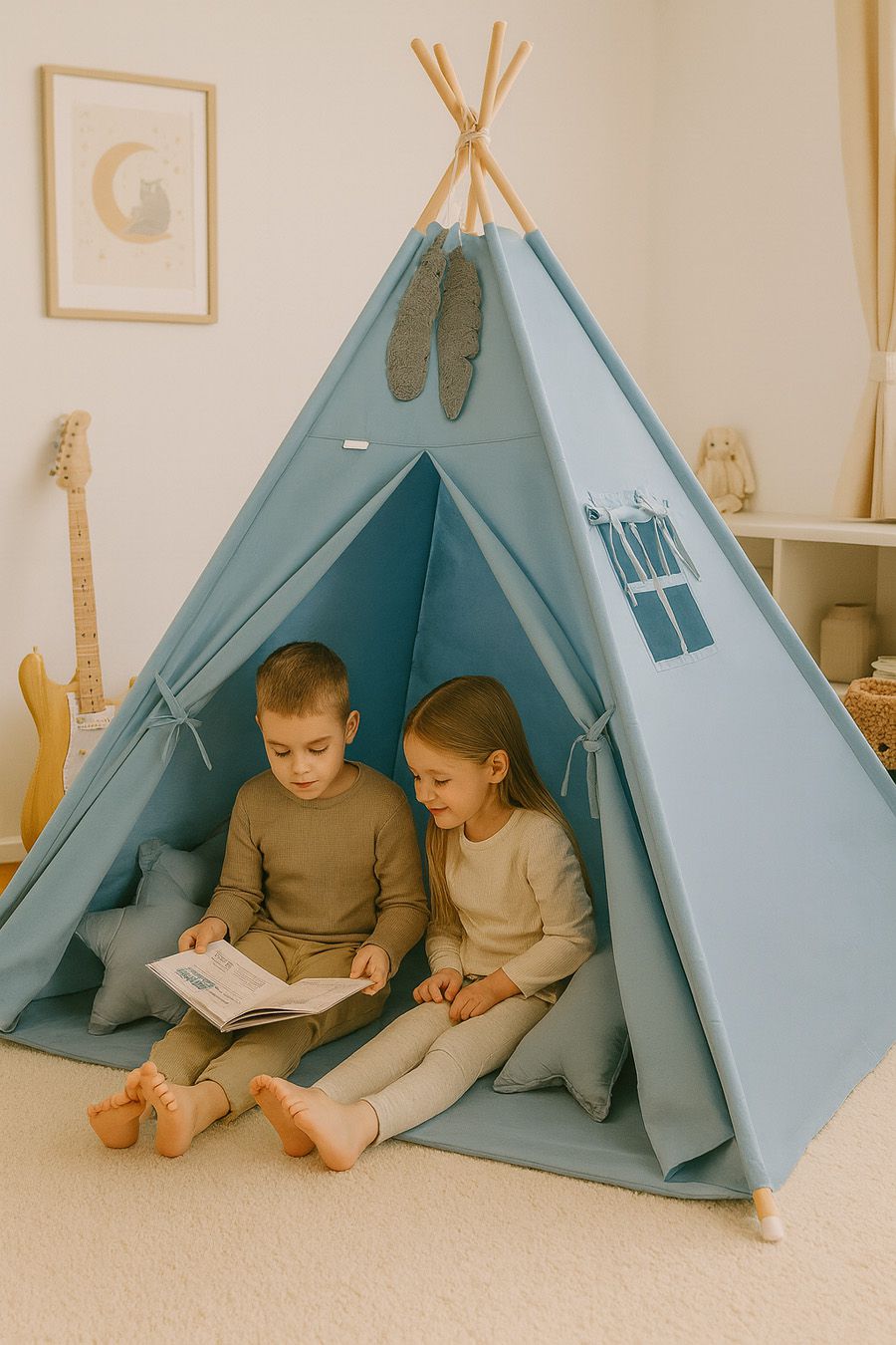 Teepee tent for kids + decorative feathers - pastel blue