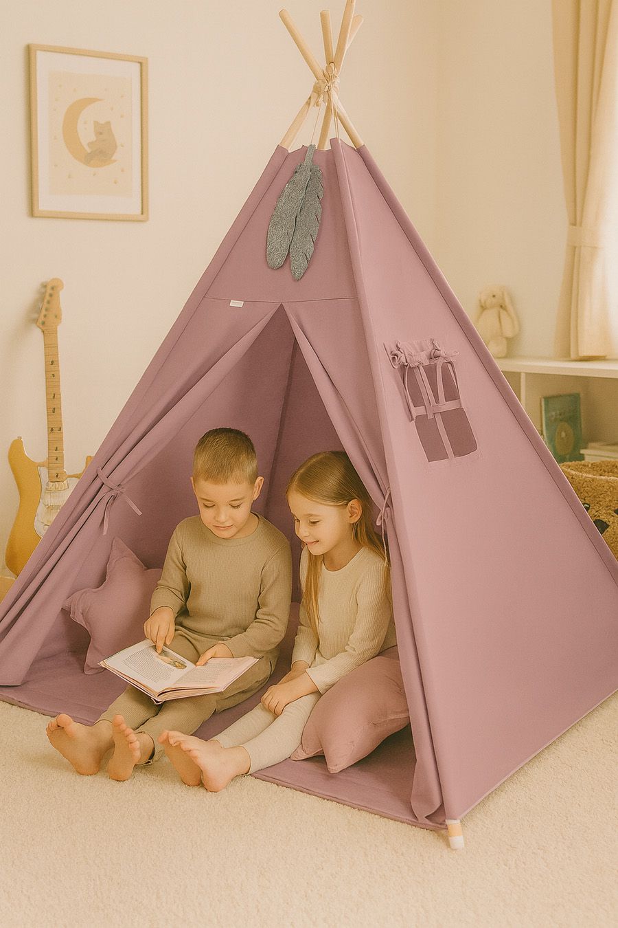 Teepee tent for kids + decorative feathers - pastel violet