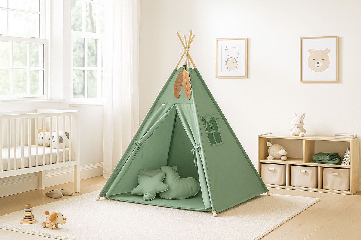Teepee tent for kids + playmat + pillows + decorative feathers - pastel green