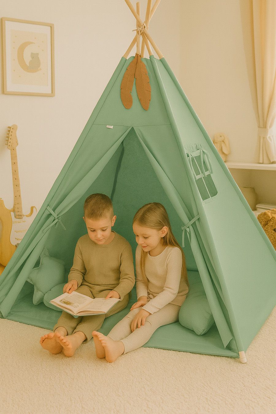 Teepee tent for kids +play mat + decorative feathers - pastel green