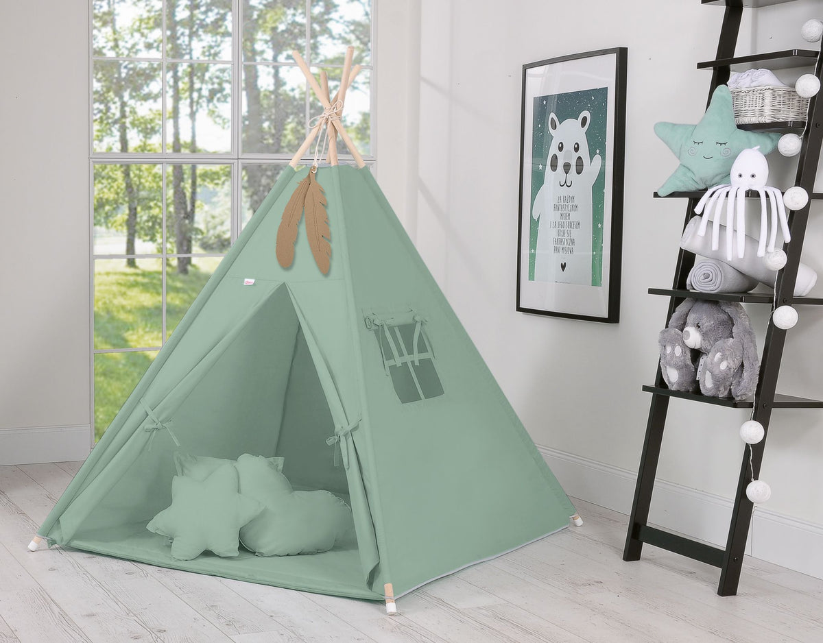 Teepee tent for kids + playmat + pillows + decorative feathers - pastel green