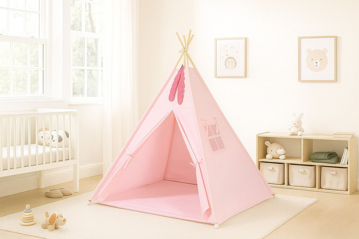 Teepee tent for kids + playmat + pillows + decorative feathers - pink