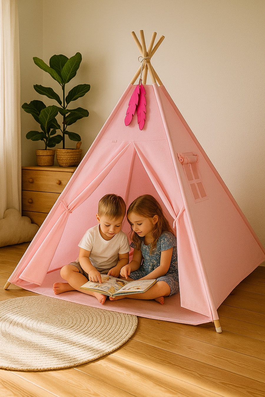 Teepee tent for kids +play mat + decorative feathers - pink