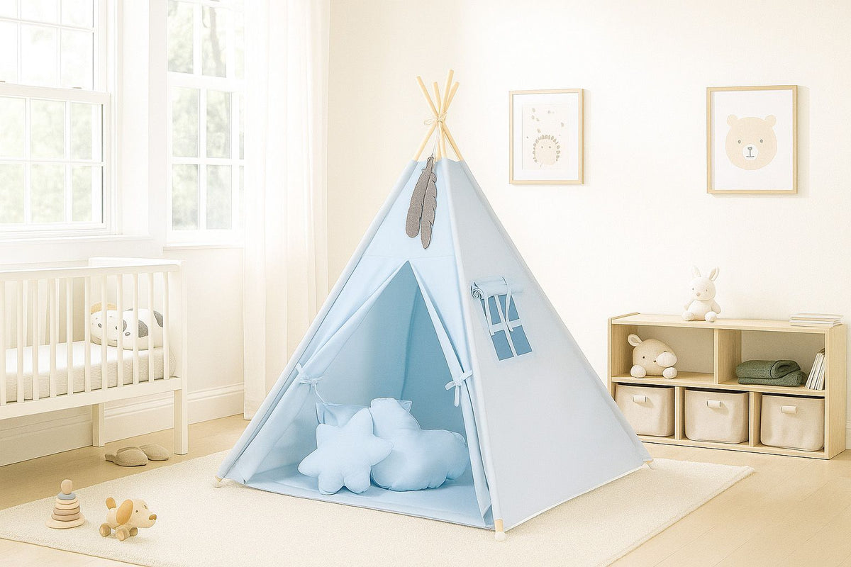 Teepee tent for kids + playmat + pillows + decorative feathers - blue