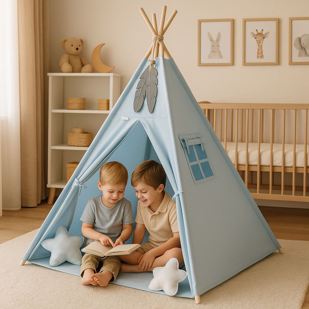 Teepee tent for kids +play mat + decorative feathers - blue