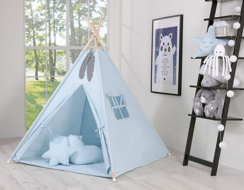 Teepee tent for kids + decorative feathers - blau