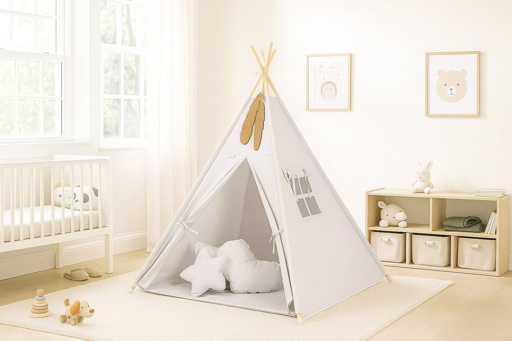 Teepee tent for kids +play mat + decorative feathers - gray