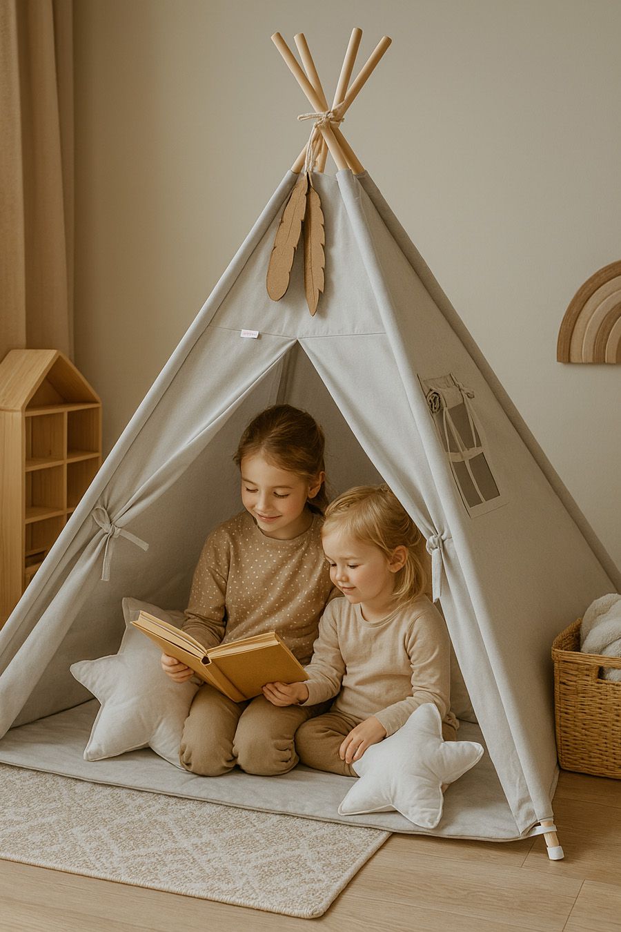 Teepee tent for kids +play mat + decorative feathers - gray