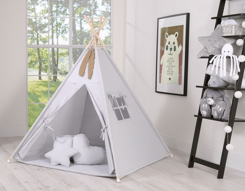 Teepee tent for kids + decorative feathers - gray