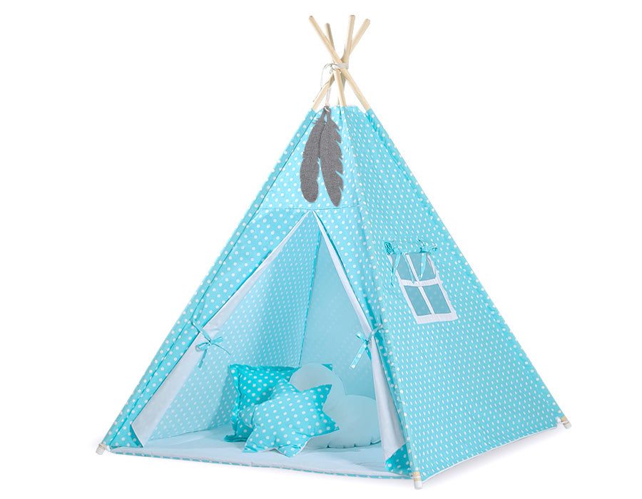 Double-sided teepee playmat with filling - White dots on turquoise