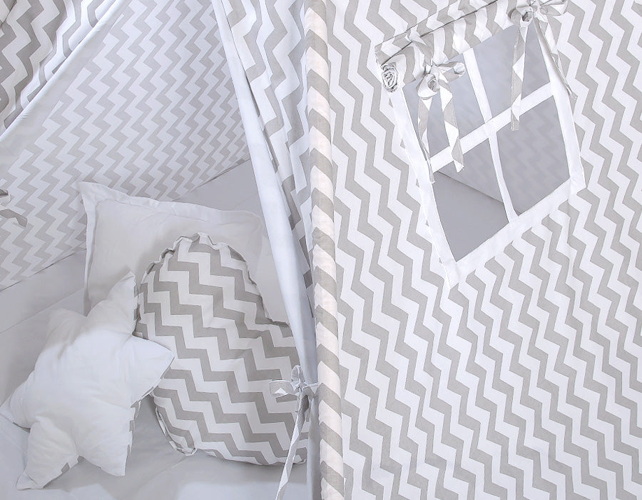 Teepee tent for kids + decorative feathers - Chevron grey