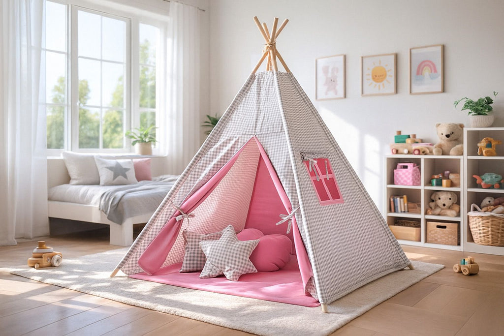Teepee tent for kids + decorative feathers - Grey checkered- pink