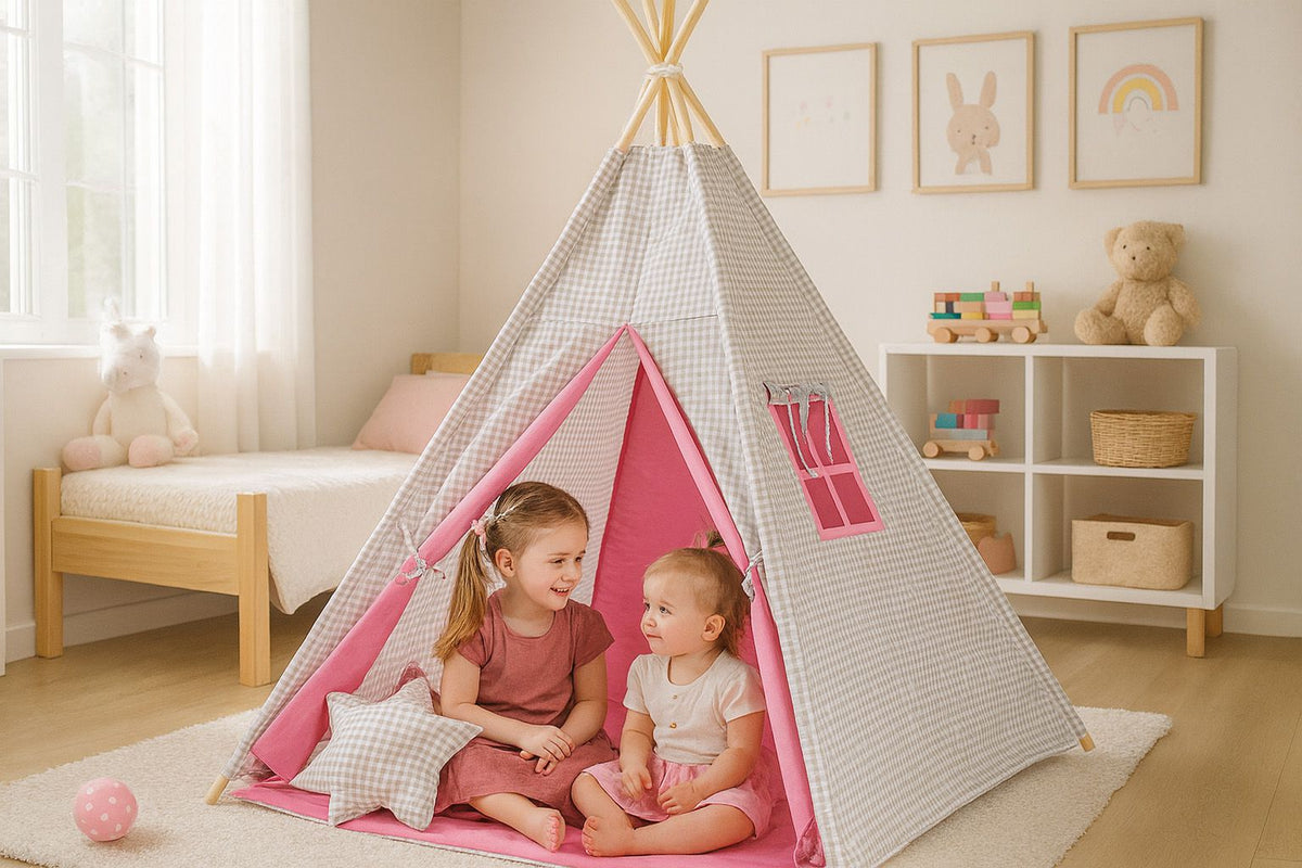 Teepee tent for kids +play mat + decorative feathers - Grey checkered-pink