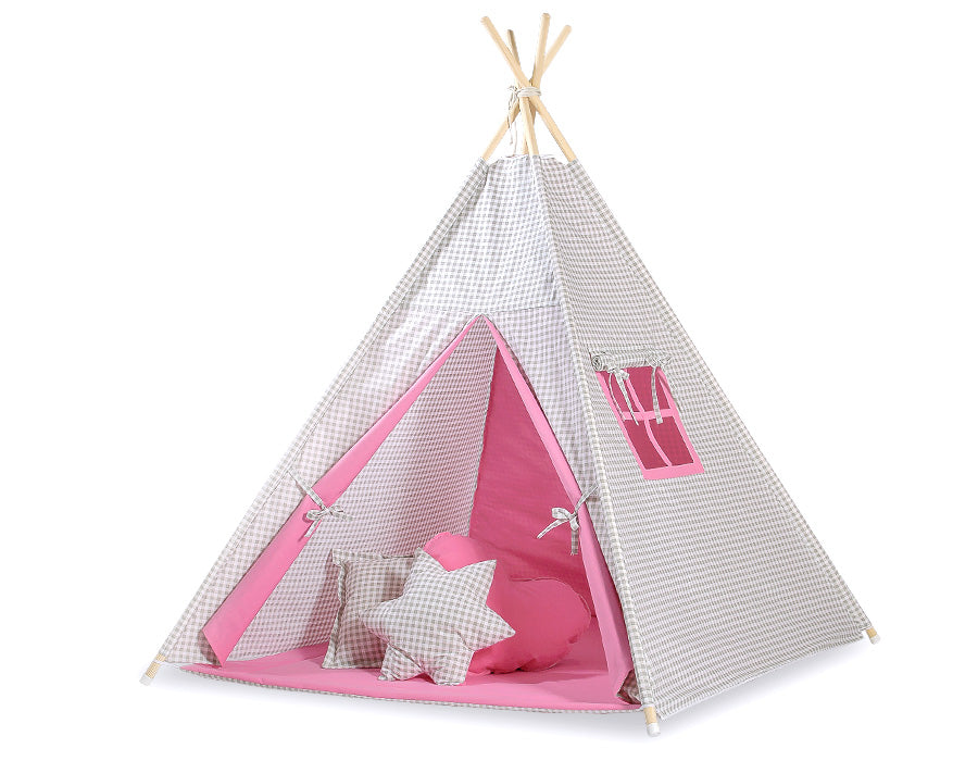 Teepee tent for kids +play mat + decorative feathers - Grey checkered-pink