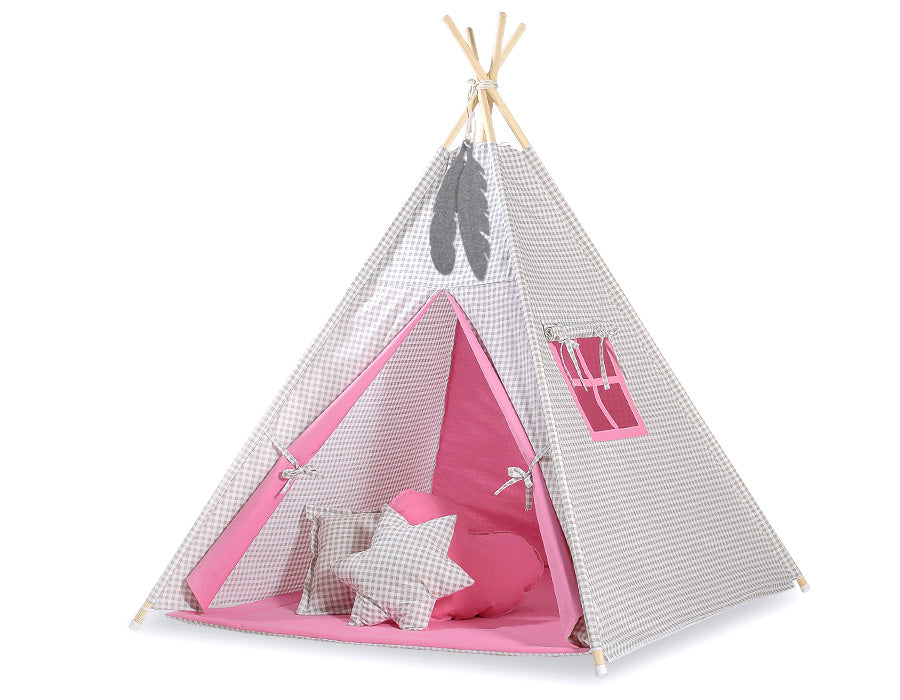 Teepee tent for kids +play mat + decorative feathers - Grey checkered-pink