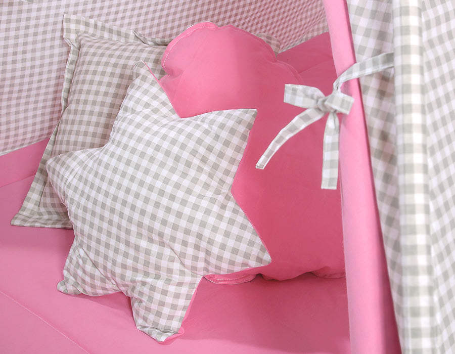 Teepee tent for kids +play mat + decorative feathers - Grey checkered-pink