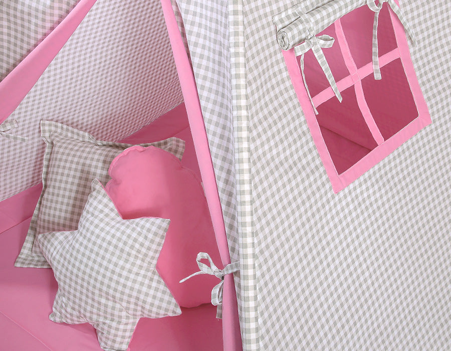 Teepee tent for kids +play mat + decorative feathers - Grey checkered-pink